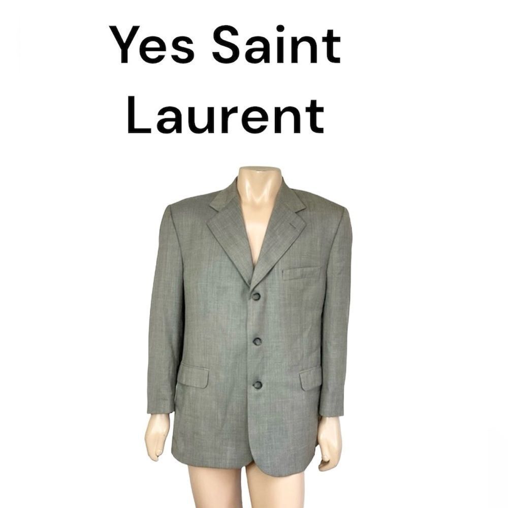 Yves Saint Laurent Vintage Gray Beige Wool 3 Button Front Blazer Coat Suit 54